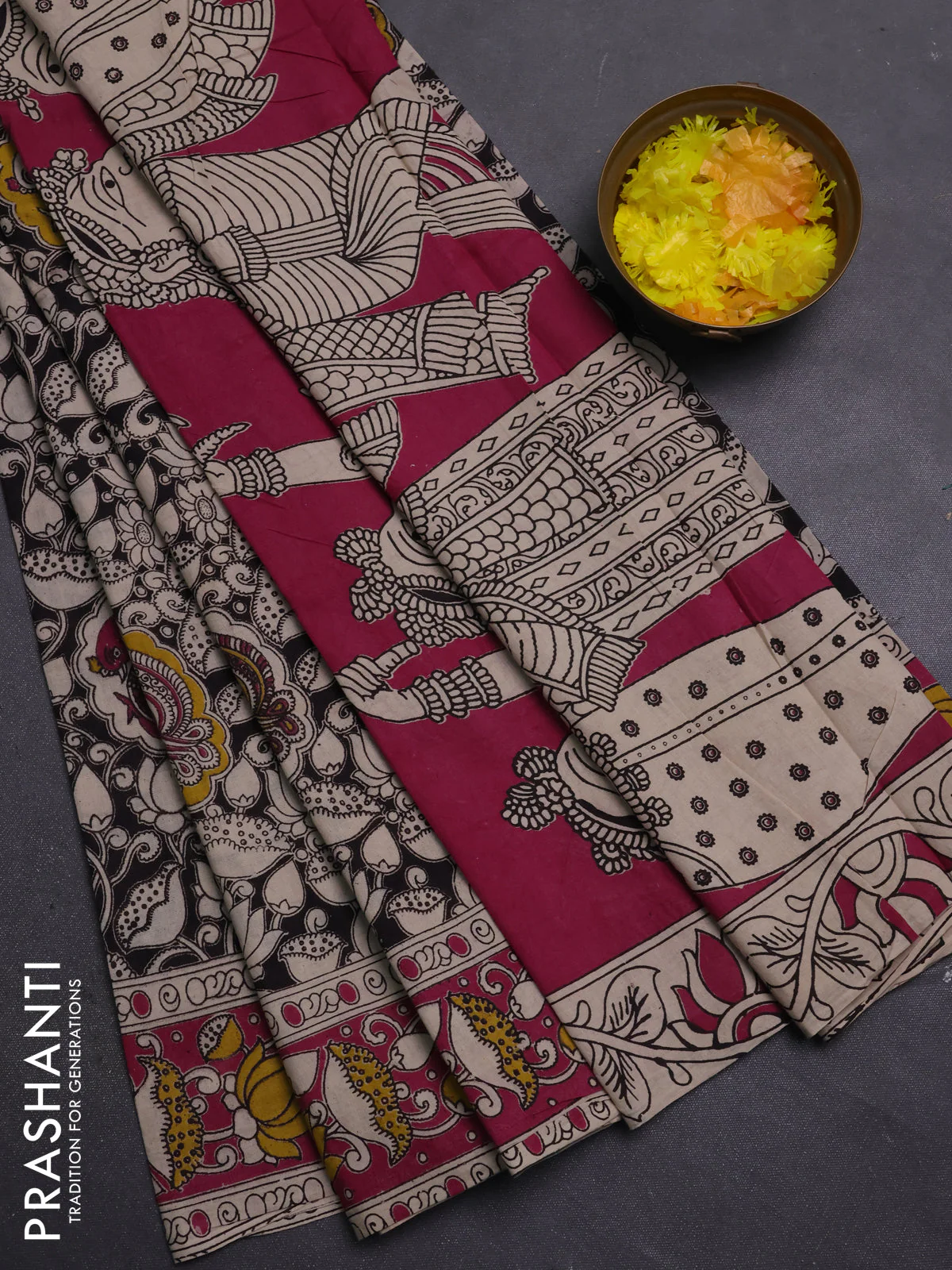 Kalamkari cotton saree black and pink with allover prints and printed border