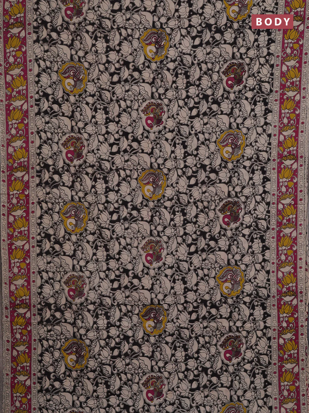 Kalamkari cotton saree black and pink with allover prints and printed border - Image 2