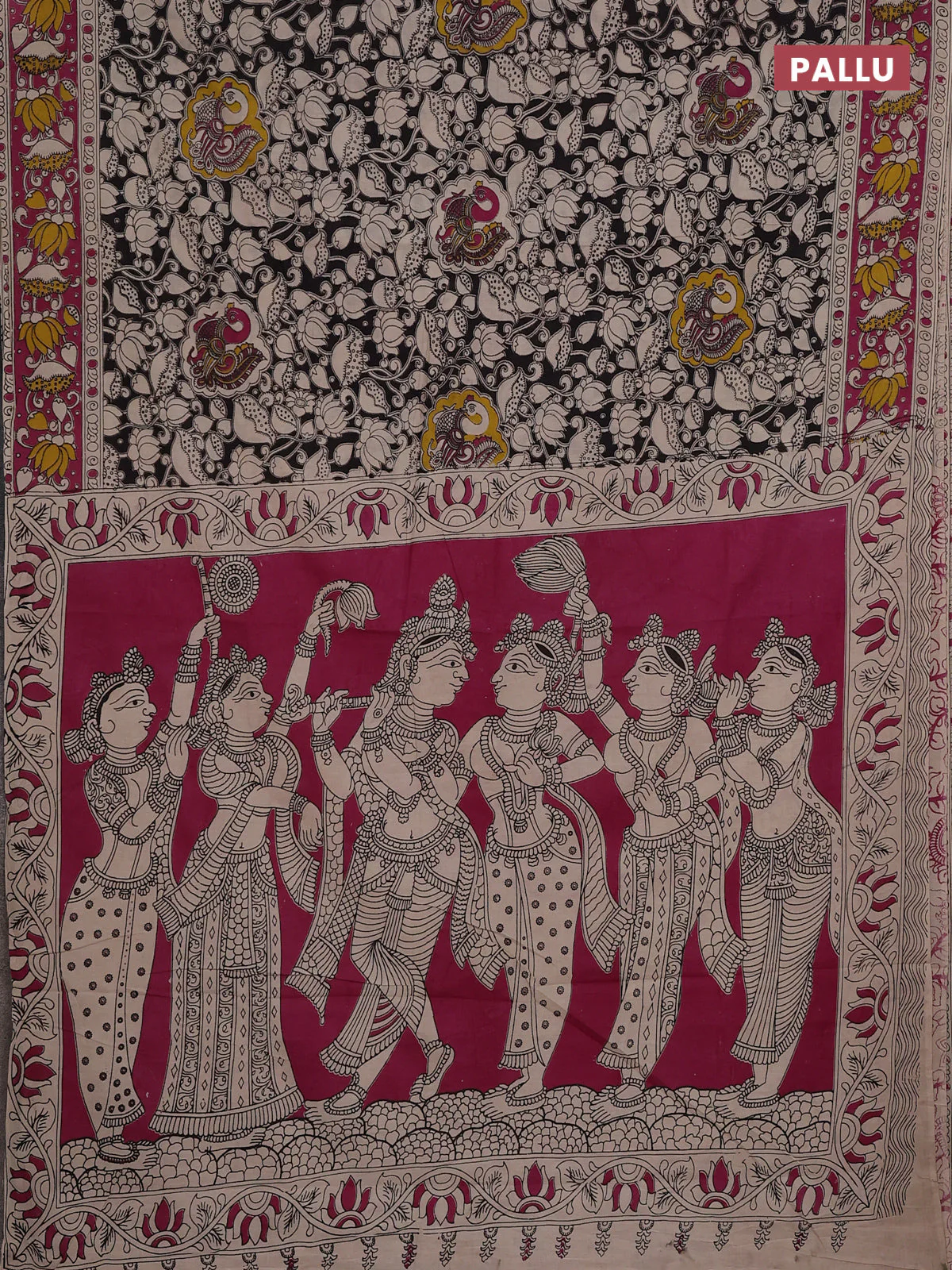 Kalamkari cotton saree black and pink with allover prints and printed border - Image 3