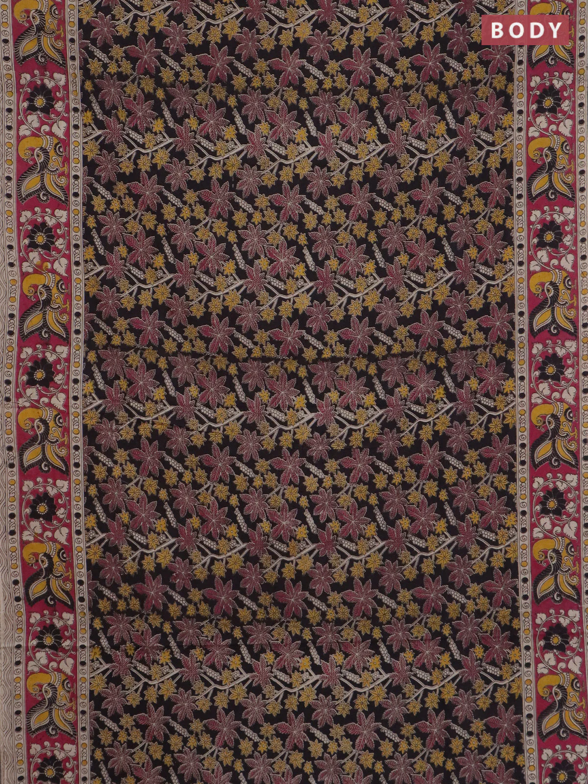Kalamkari cotton saree black and pink with allover prints and printed border - Image 2