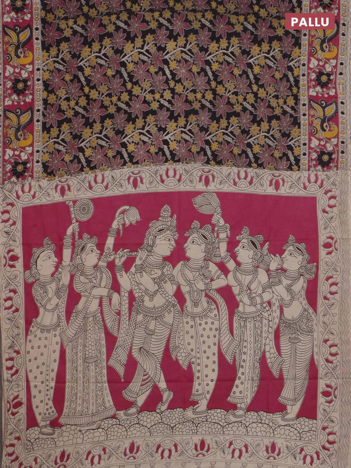 Kalamkari cotton saree black and pink with allover prints and printed border - Image 3