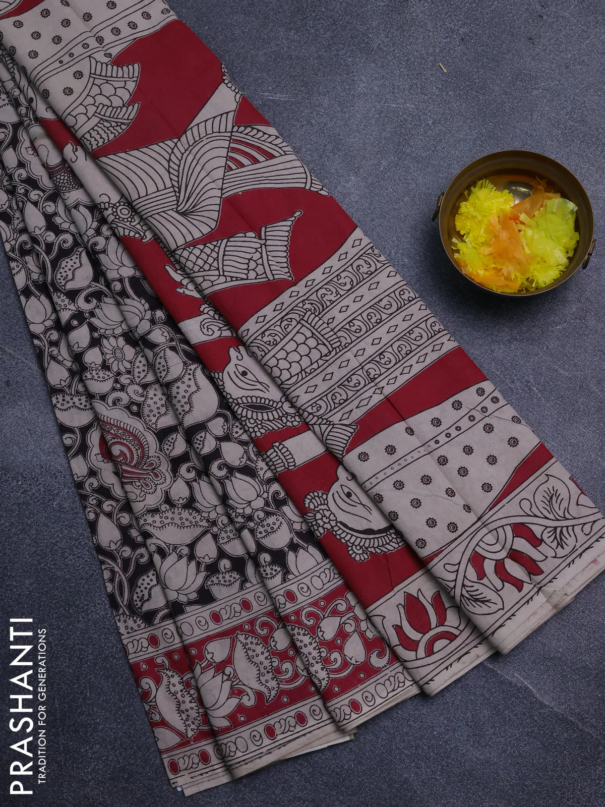 Kalamkari cotton saree black and pink with allover prints and printed border