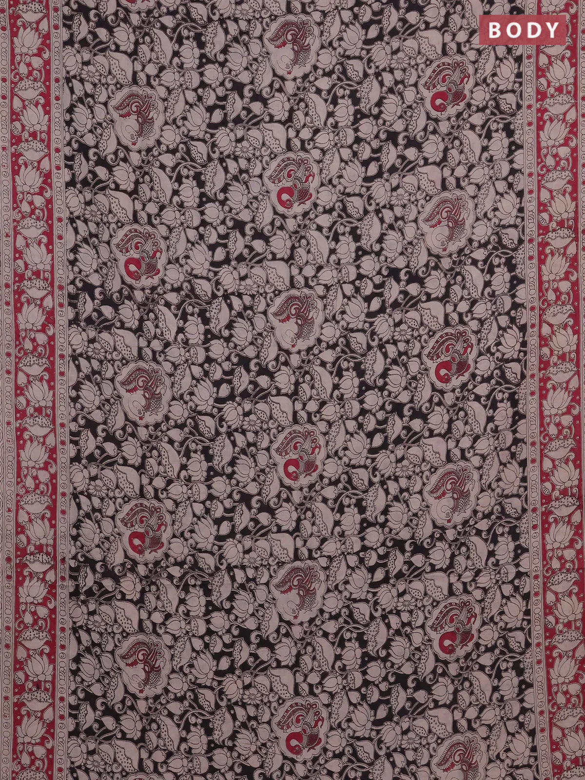 Kalamkari cotton saree black and pink with allover prints and printed border - Image 2