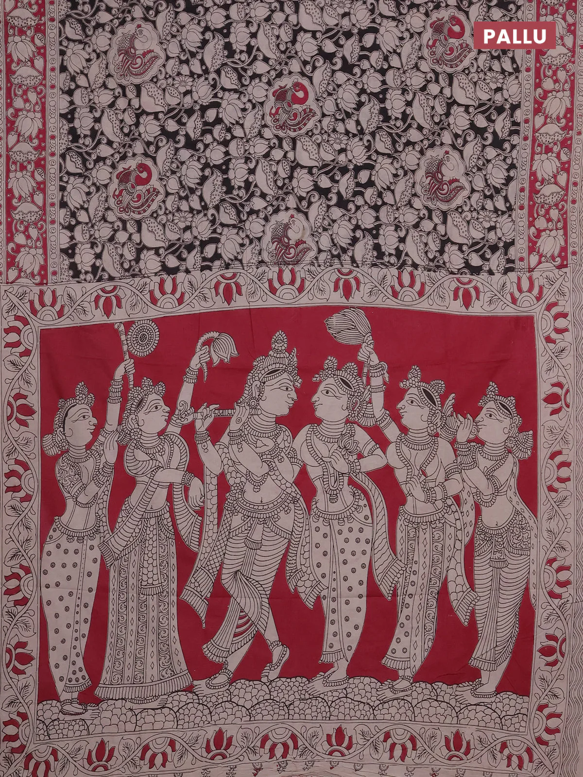 Kalamkari cotton saree black and pink with allover prints and printed border - Image 3