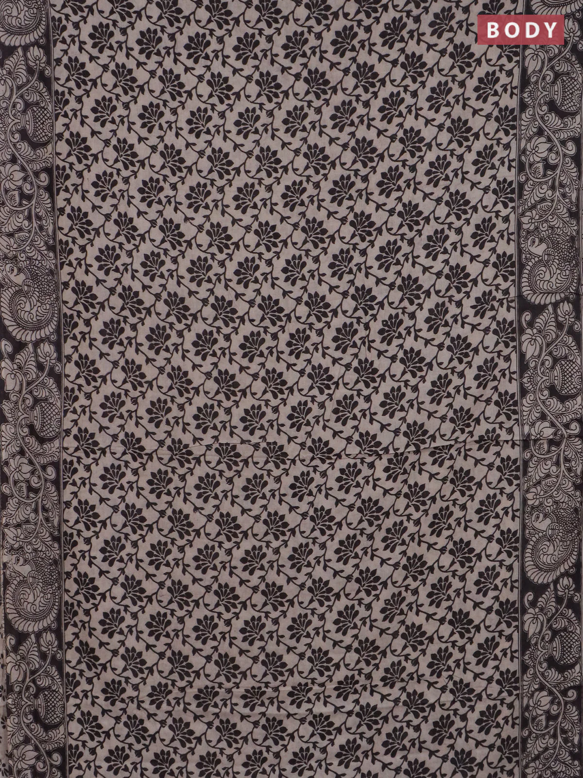 Kalamkari cotton saree black with allover floral prints and printed border - Image 2