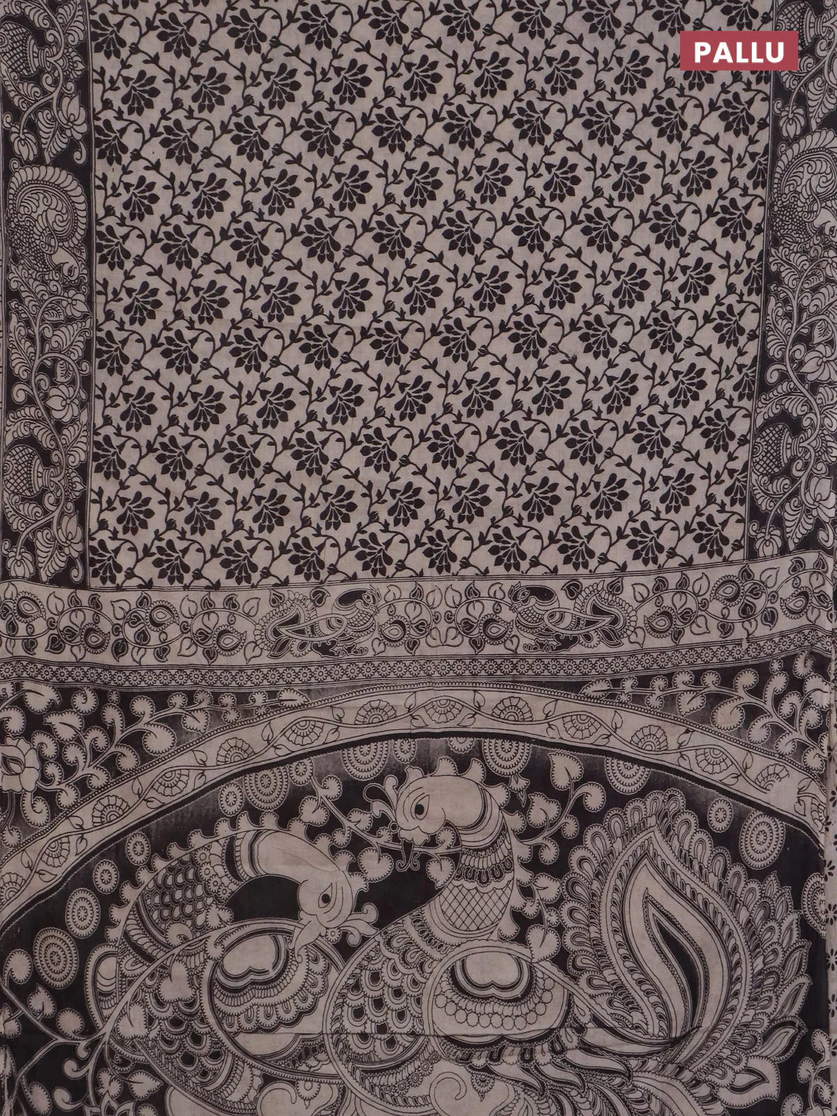Kalamkari cotton saree black with allover floral prints and printed border - Image 3