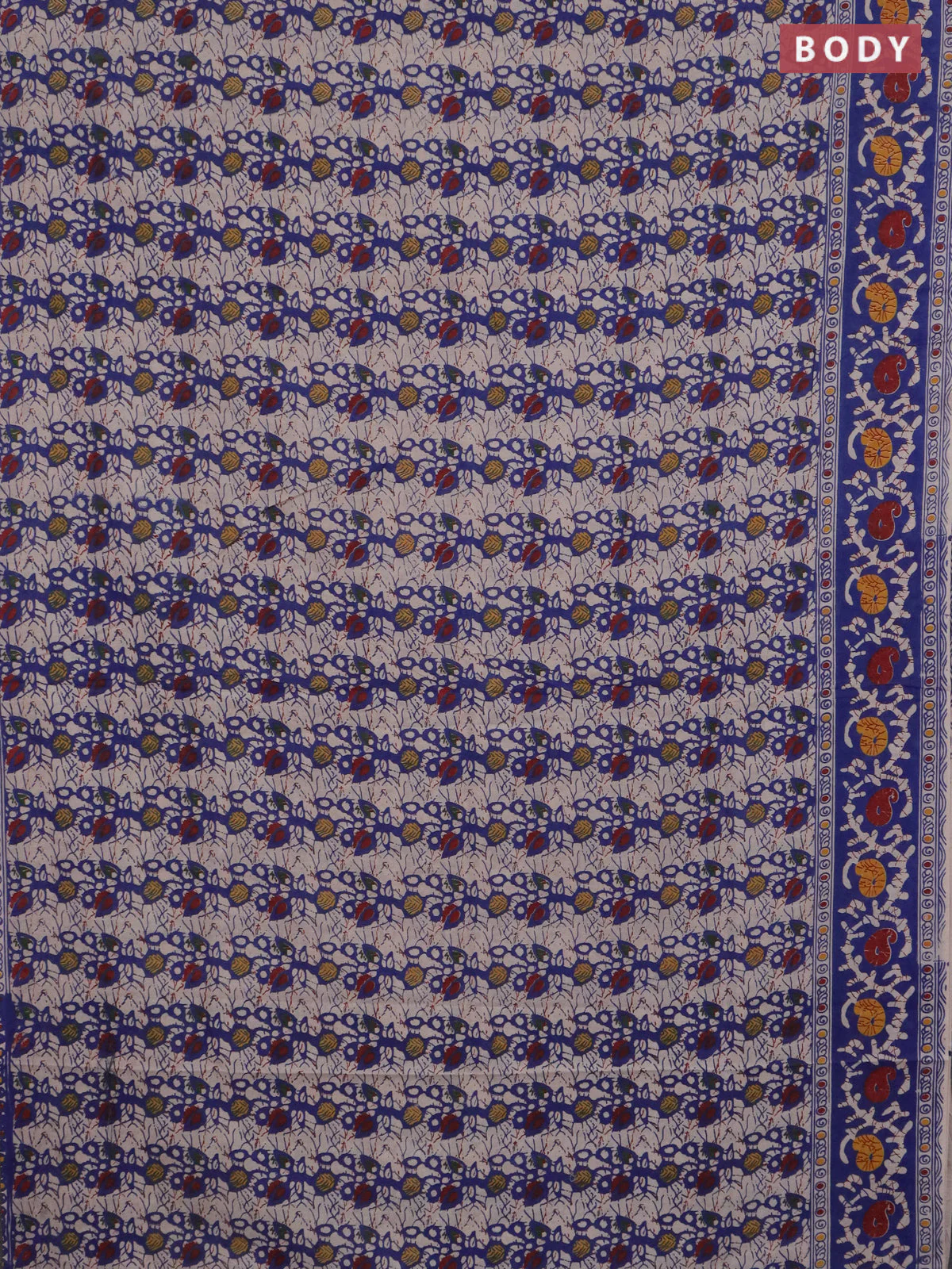 Kalamkari cotton saree blue and beige with allover prints and printed border - Image 2