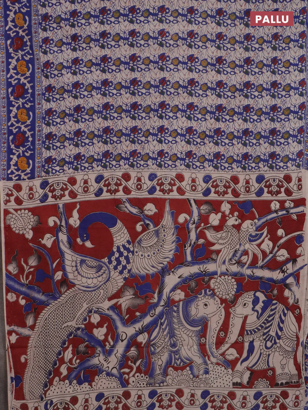 Kalamkari cotton saree blue and beige with allover prints and printed border - Image 3