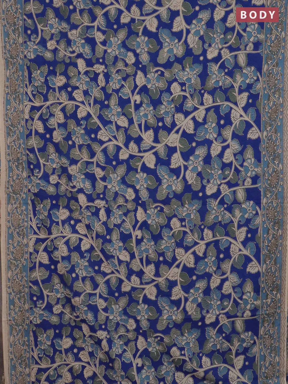 Kalamkari cotton saree blue and beige with allover prints and printed border - Image 2