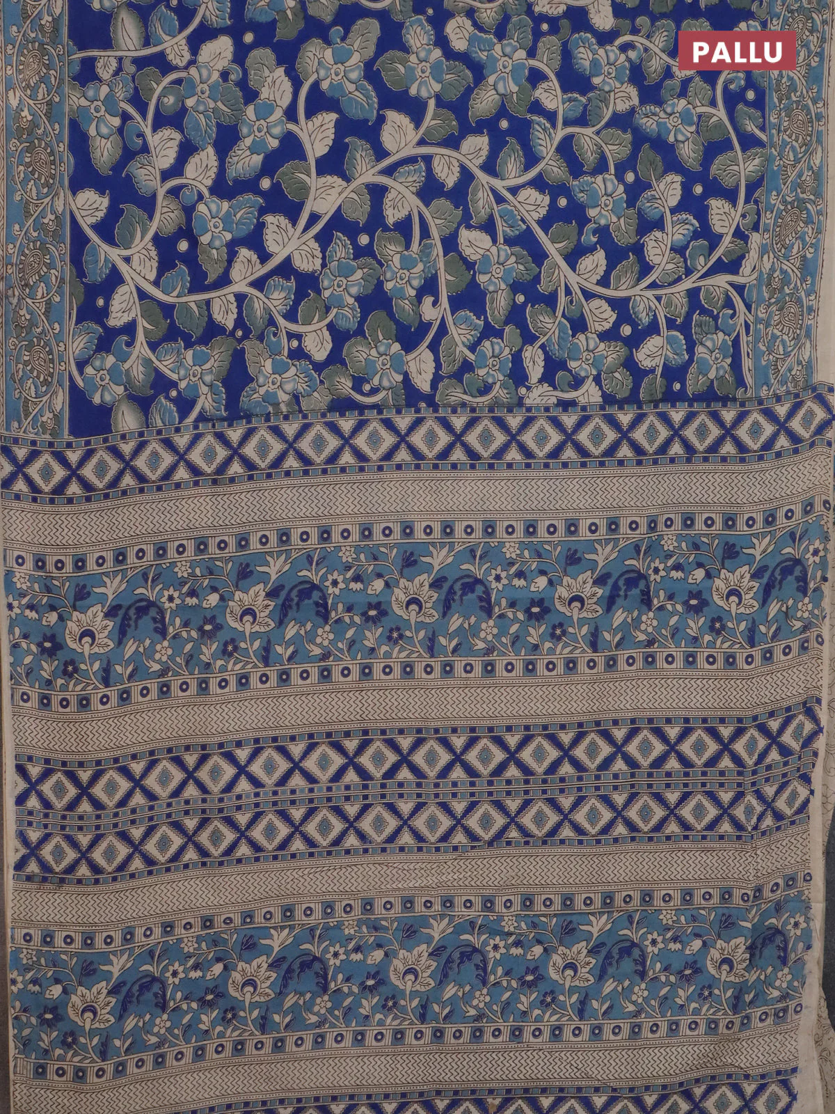 Kalamkari cotton saree blue and beige with allover prints and printed border - Image 3