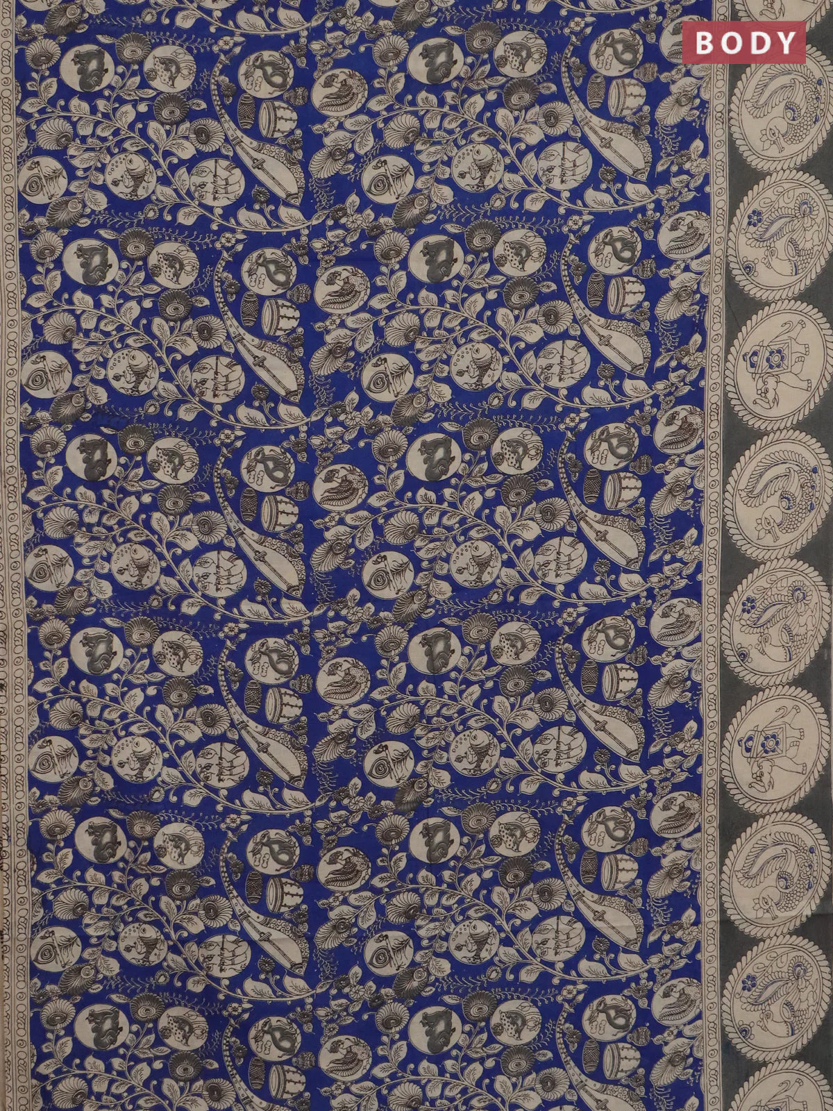 Kalamkari cotton saree blue and grey with allover prints and printed border - Image 2