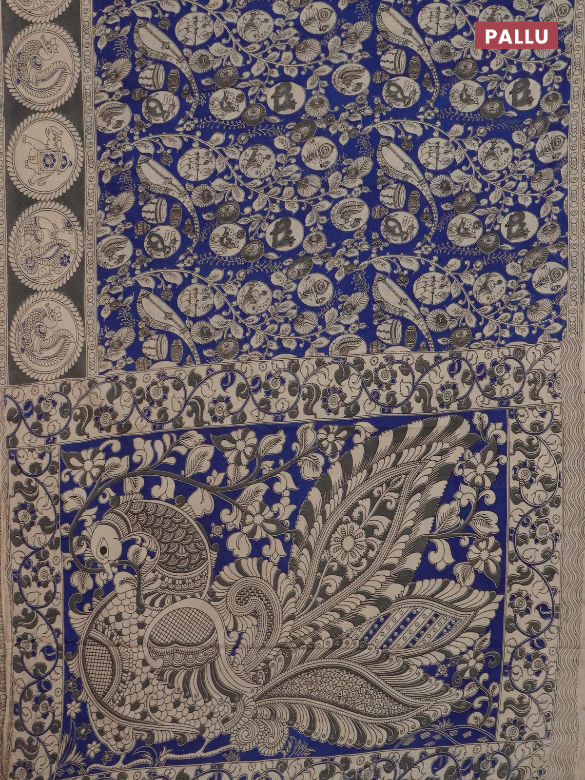 Kalamkari cotton saree blue and grey with allover prints and printed border - Image 3