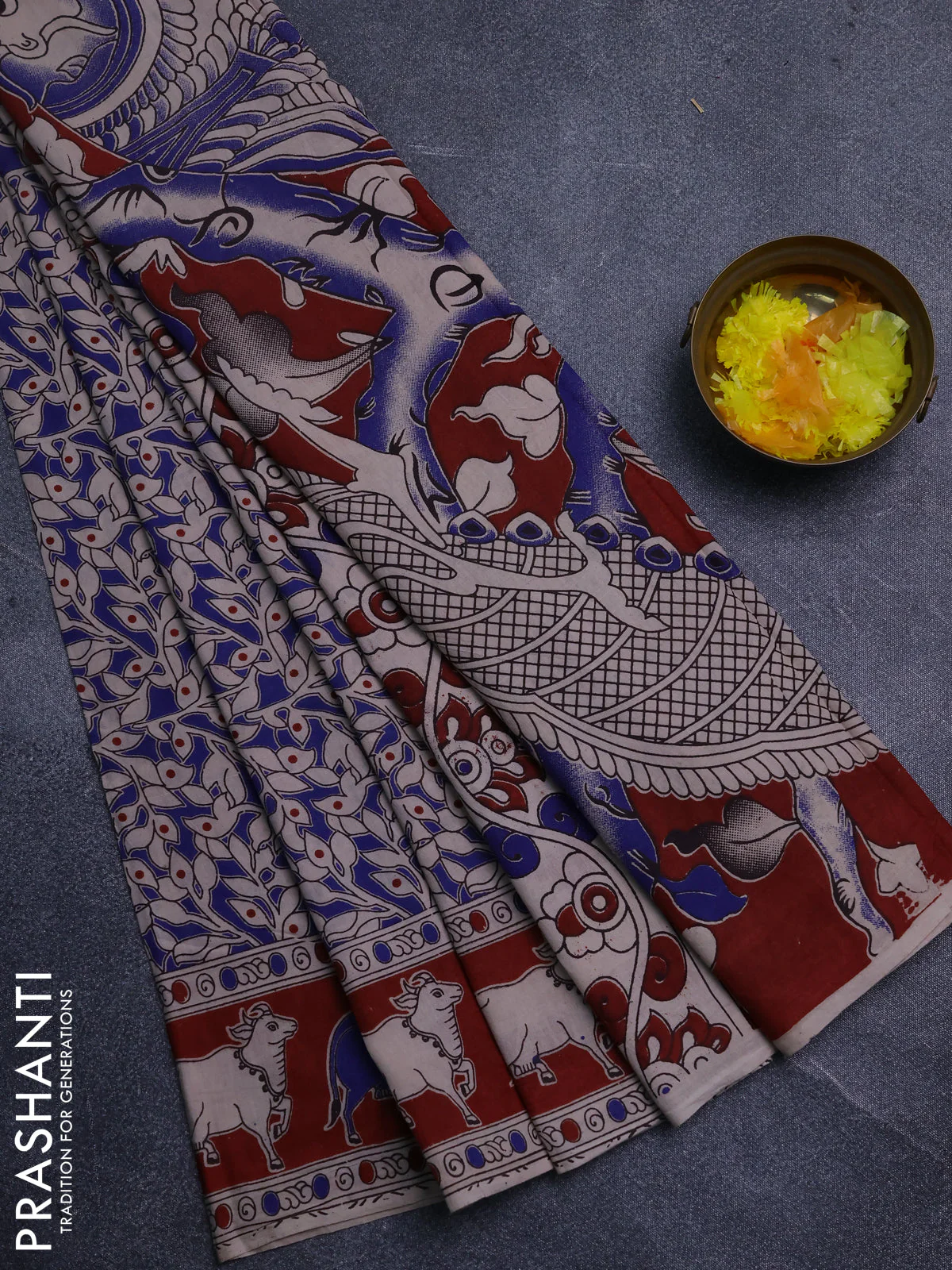 Kalamkari cotton saree blue and maroon with allover prints and pichwai border