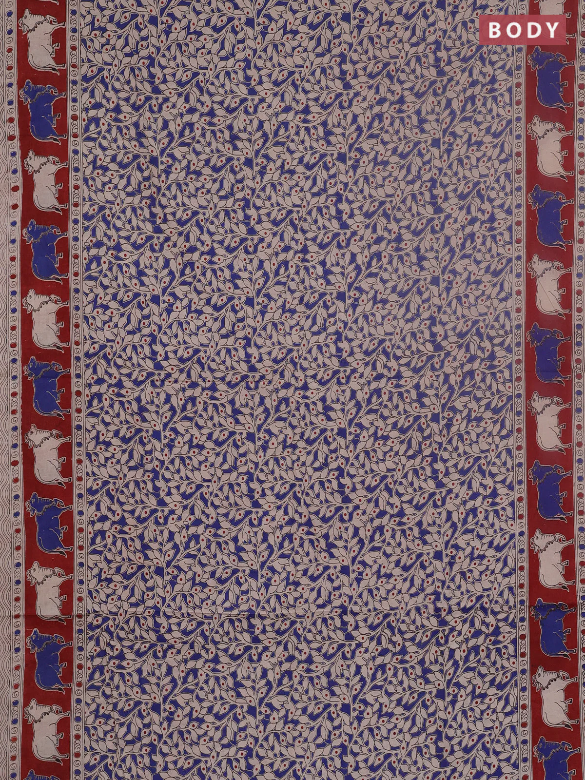 Kalamkari cotton saree blue and maroon with allover prints and pichwai border - Image 2