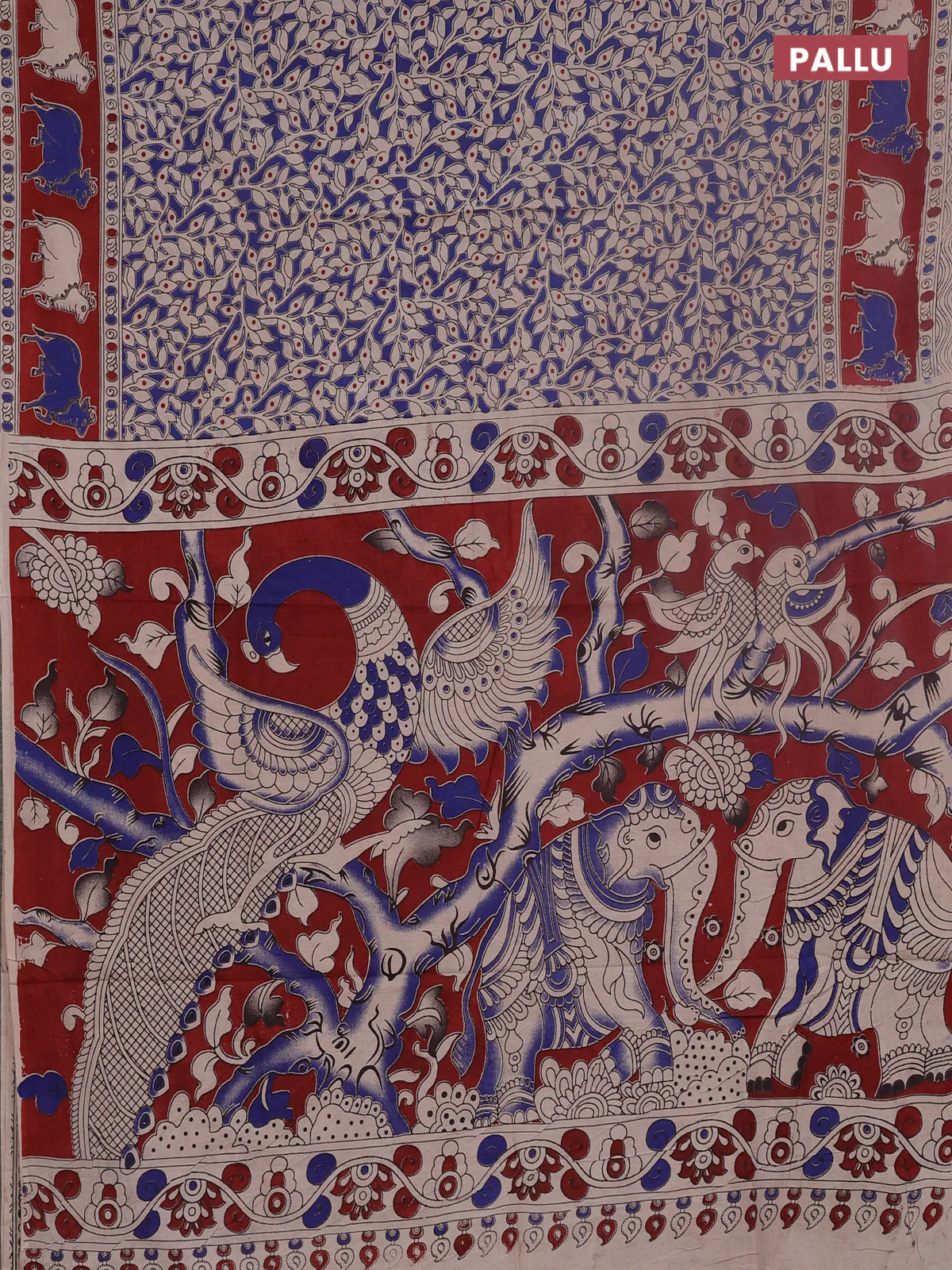 Kalamkari cotton saree blue and maroon with allover prints and pichwai border - Image 3