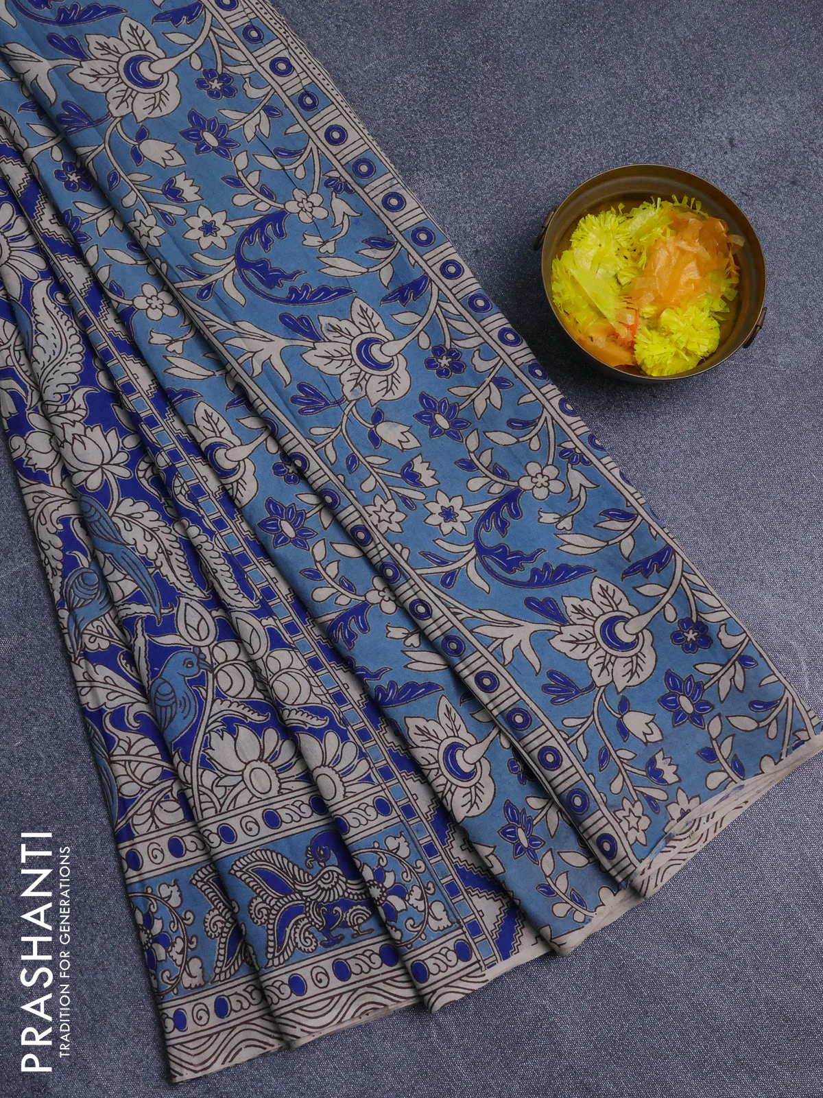 Kalamkari cotton saree blue and pastel blue with allover prints and printed border