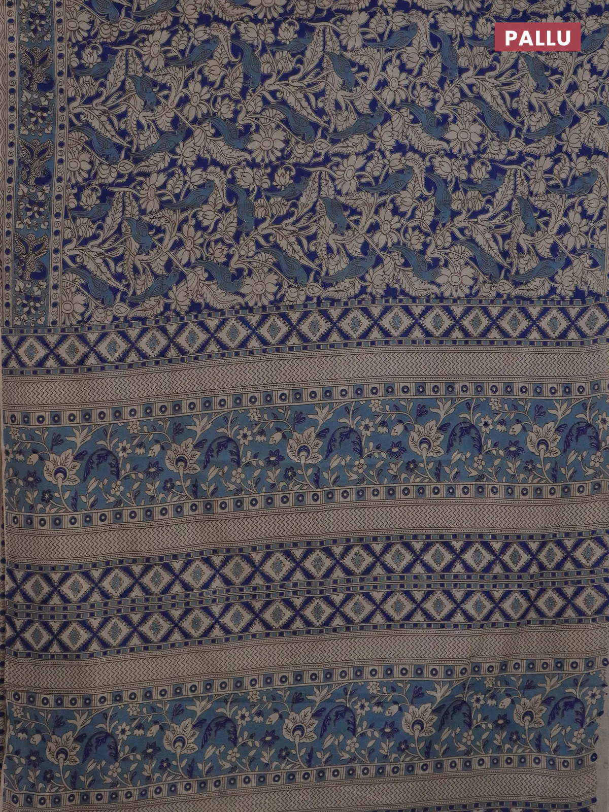 Kalamkari cotton saree blue and pastel blue with allover prints and printed border - Image 3