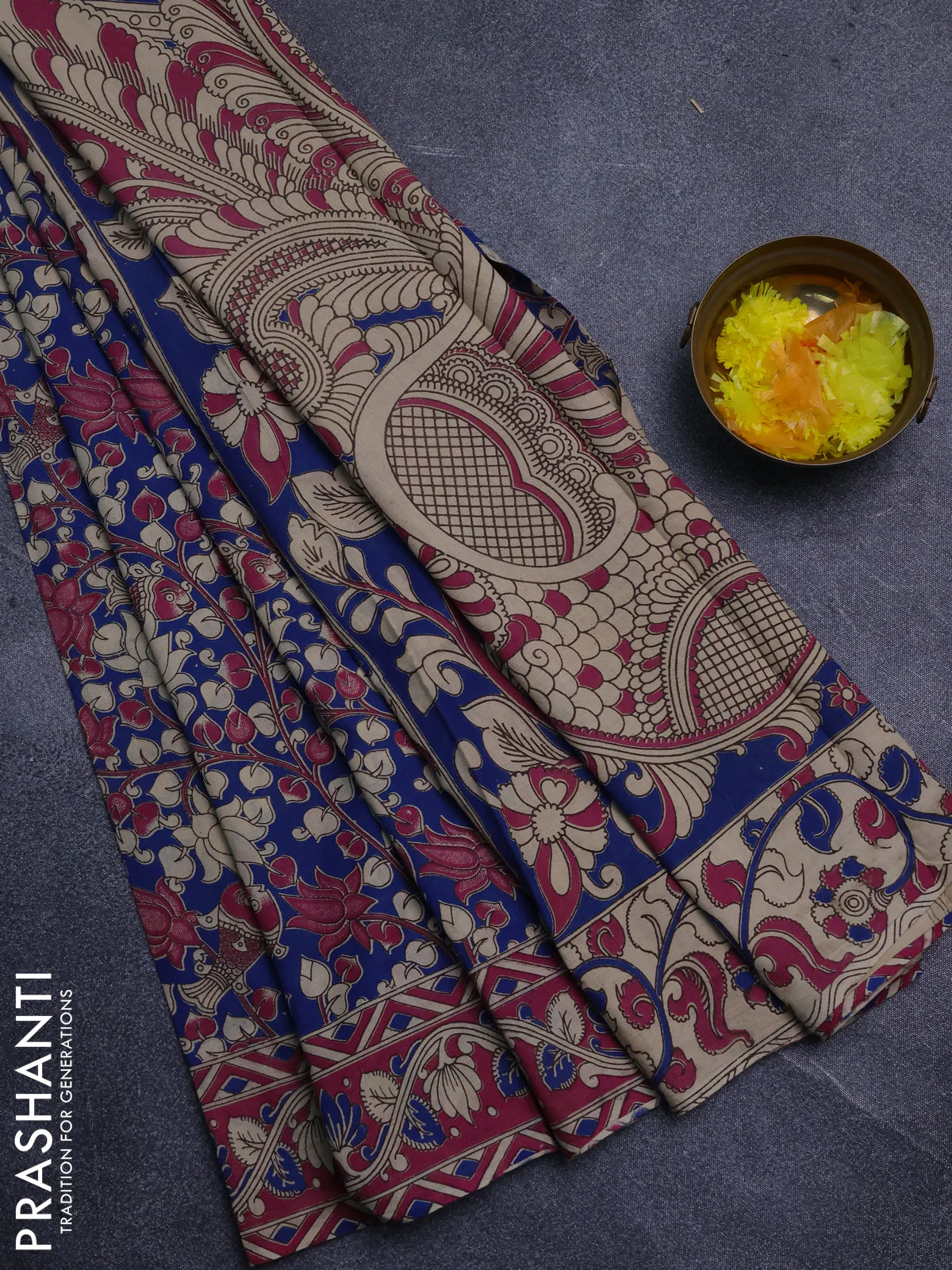 Kalamkari cotton saree blue and pink with allover prints and printed border