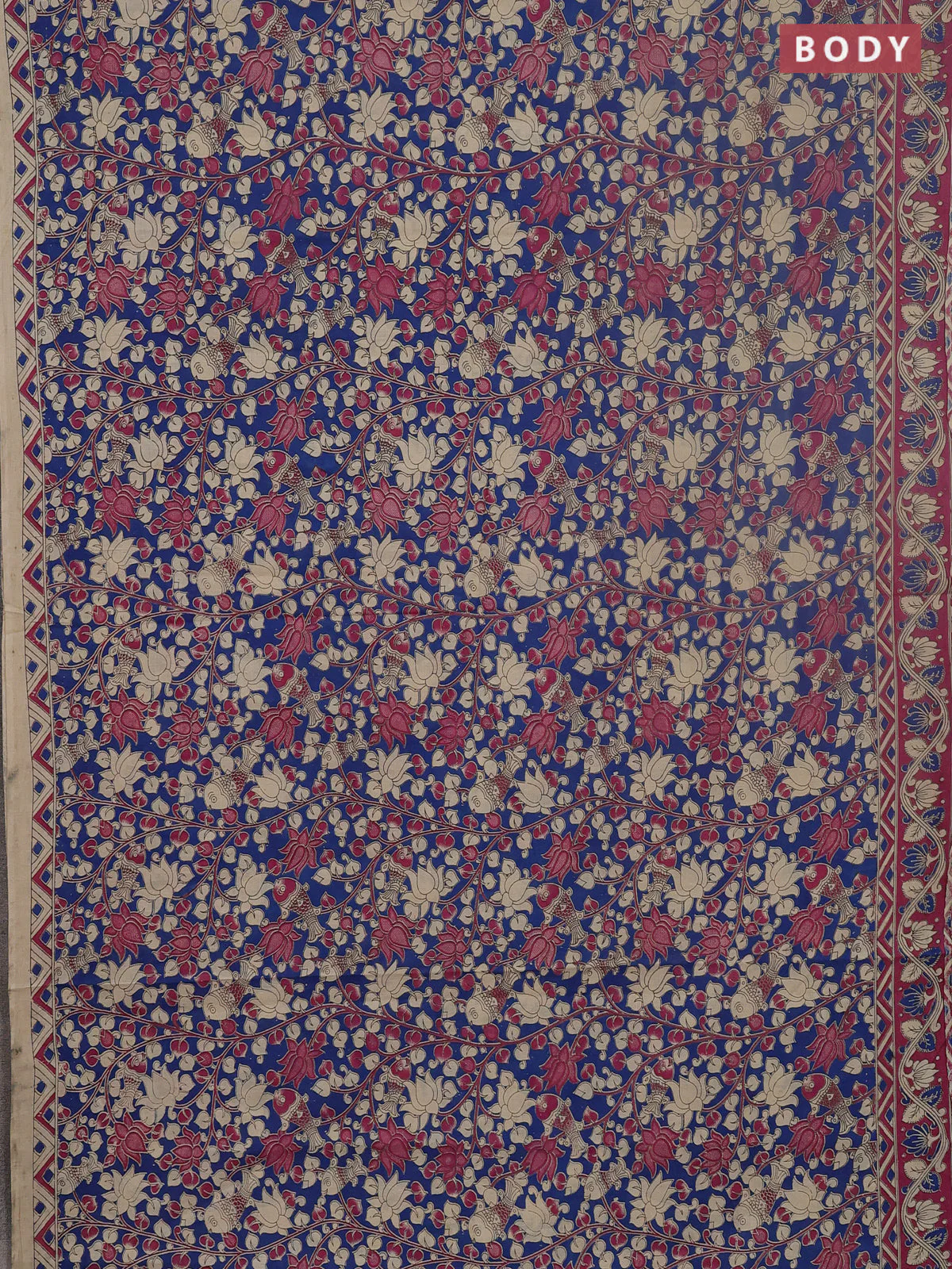 Kalamkari cotton saree blue and pink with allover prints and printed border - Image 2