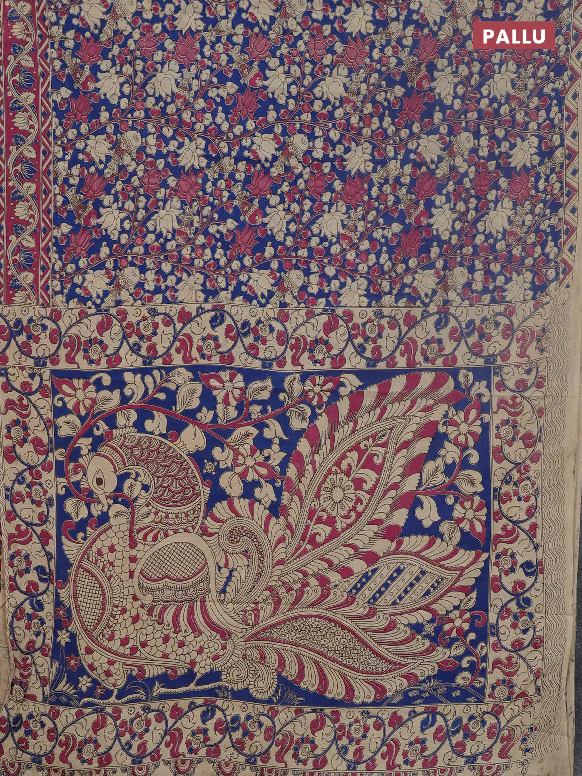Kalamkari cotton saree blue and pink with allover prints and printed border - Image 3