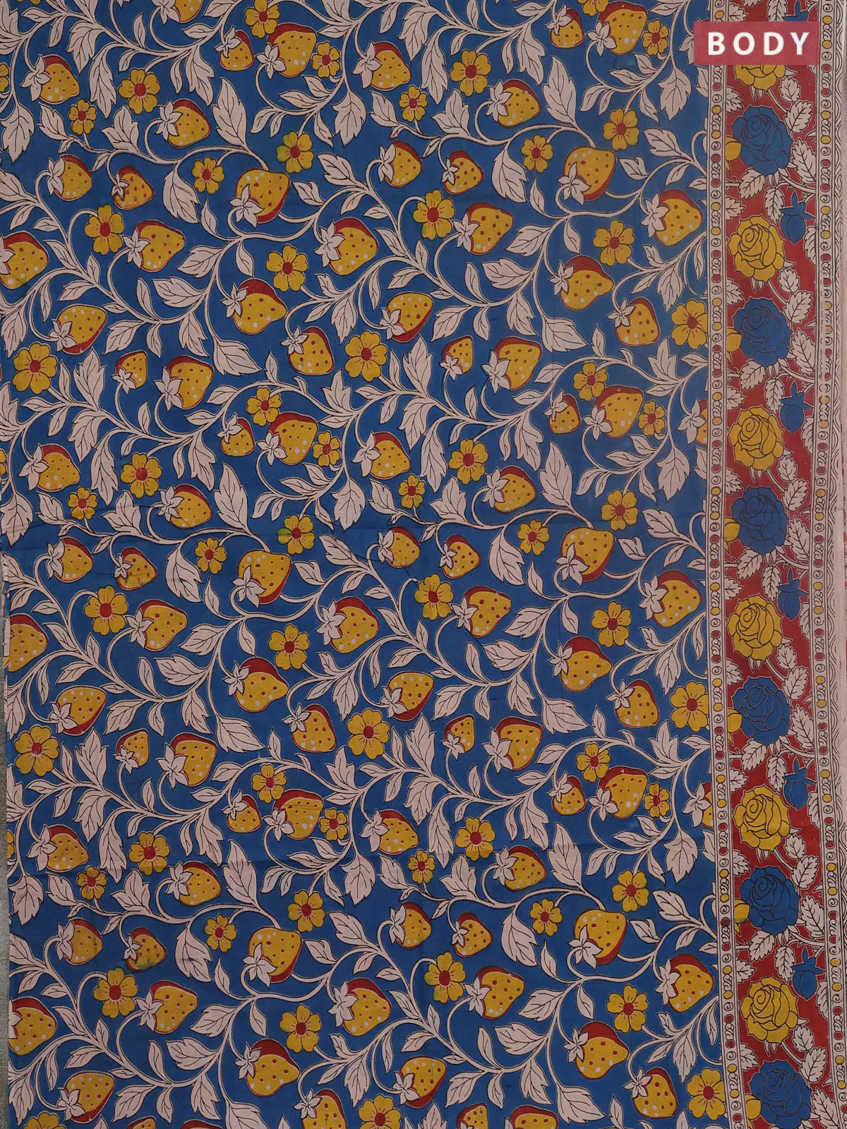Kalamkari cotton saree blue and rust shade with allover prints and printed border - Image 2
