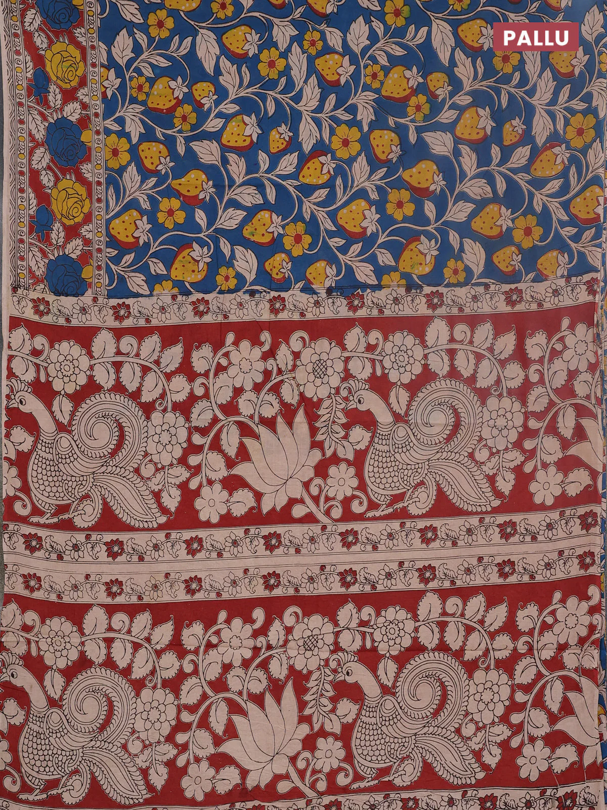 Kalamkari cotton saree blue and rust shade with allover prints and printed border - Image 3