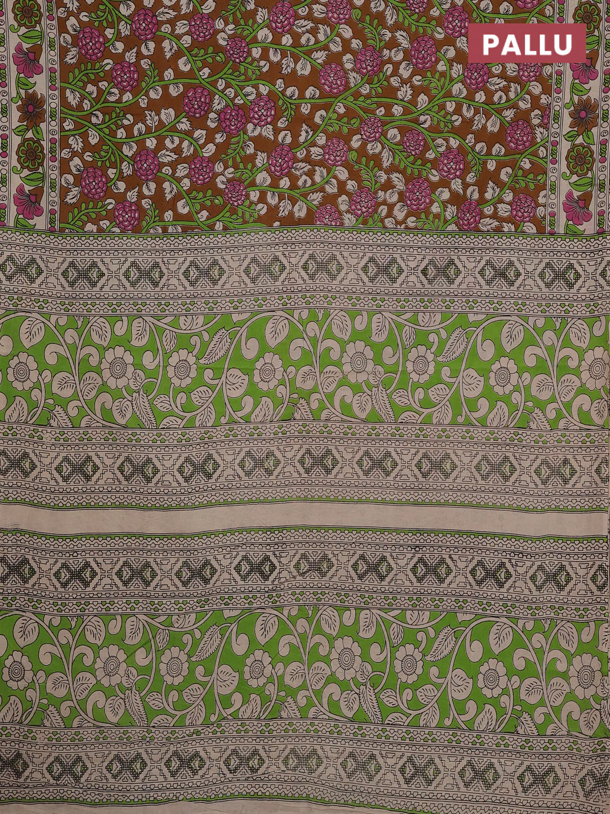 Kalamkari cotton saree brown and beige with allover prints and printed border - Image 3