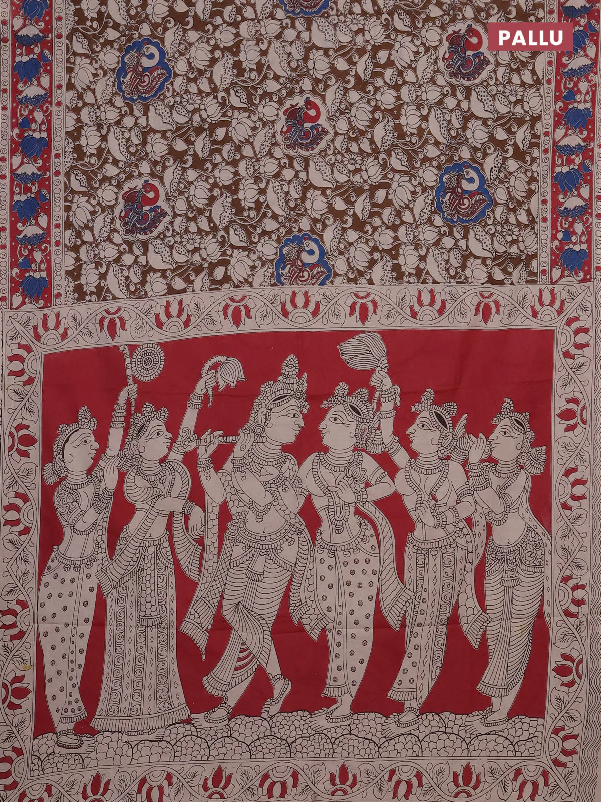 Kalamkari cotton saree brown and maroon with allover prints and printed border - Image 3