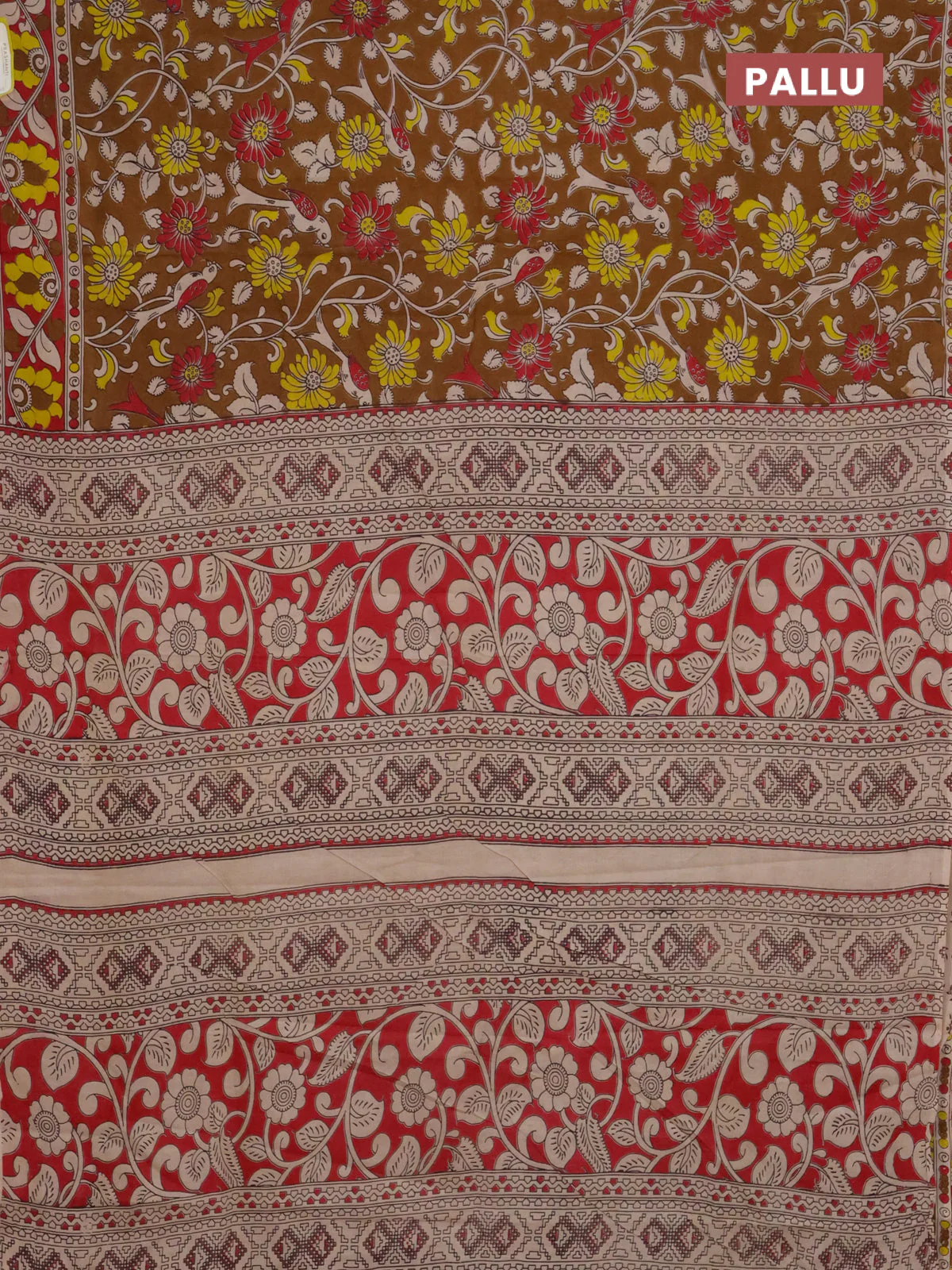 Kalamkari cotton saree brown with allover prints and printed border - Image 3