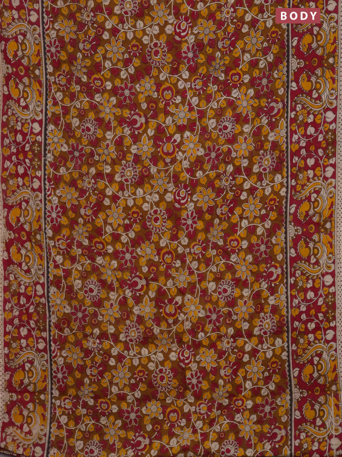 Kalamkari cotton saree dark mustard and dark pink with allover prints and printed border - Image 2