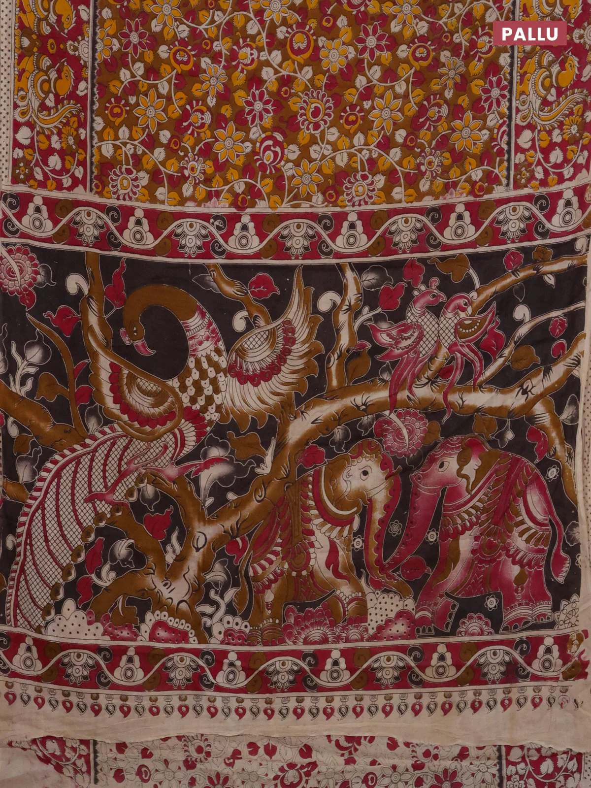 Kalamkari cotton saree dark mustard and dark pink with allover prints and printed border - Image 3
