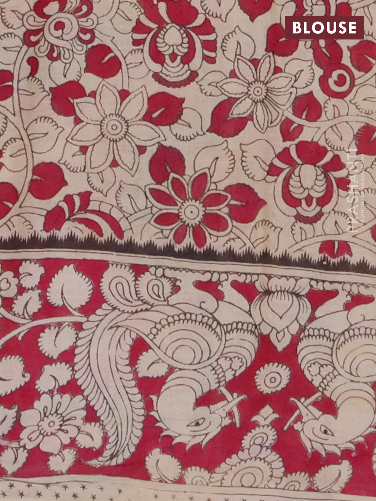 Kalamkari cotton saree dark mustard and dark pink with allover prints and printed border - Image 4