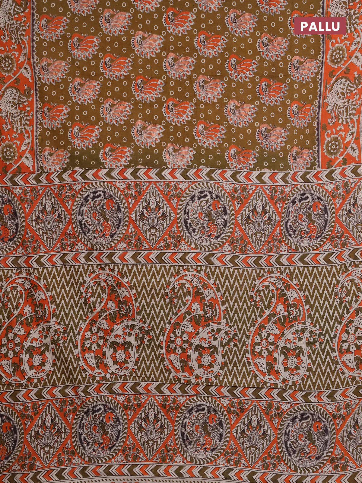 Kalamkari cotton saree dark mustard and orange with allover prints and printed border - Image 3