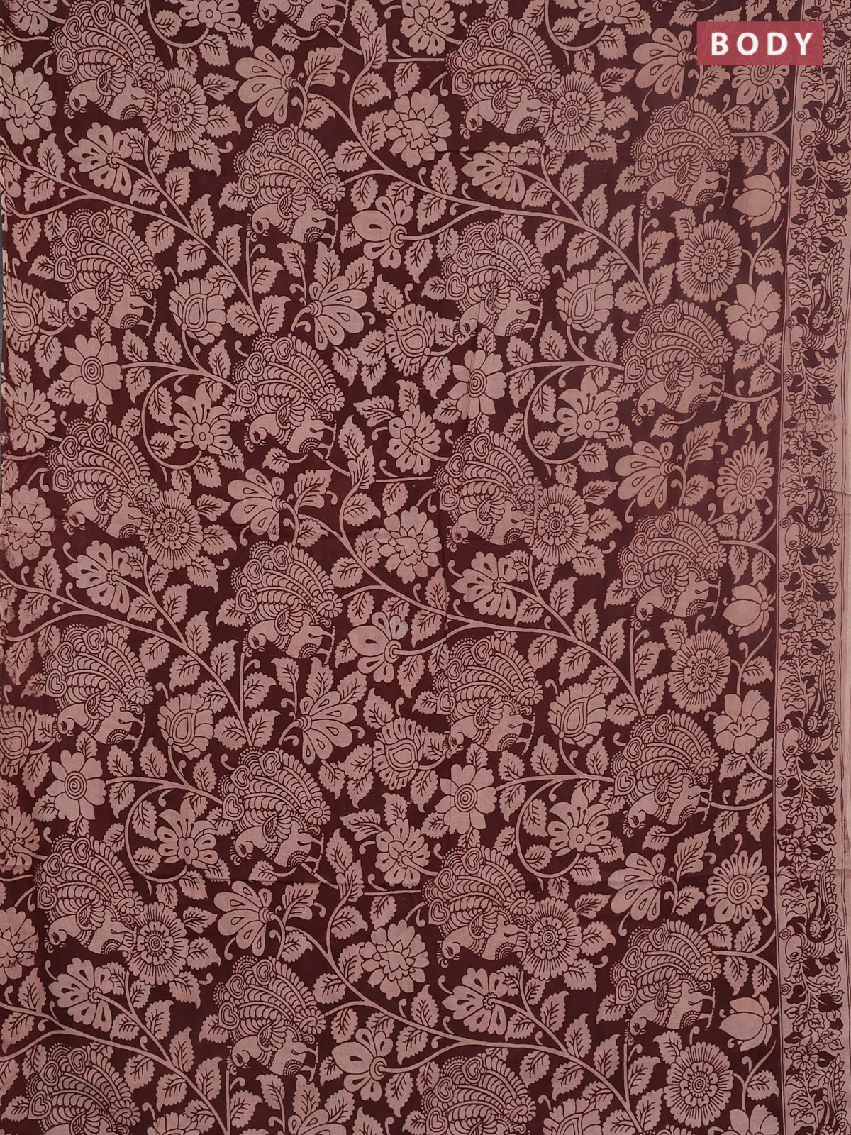 Kalamkari cotton saree deep maroon and beige with allover prints and printed border - Image 2