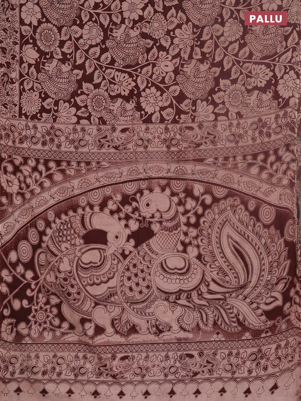 Kalamkari cotton saree deep maroon and beige with allover prints and printed border - Image 3