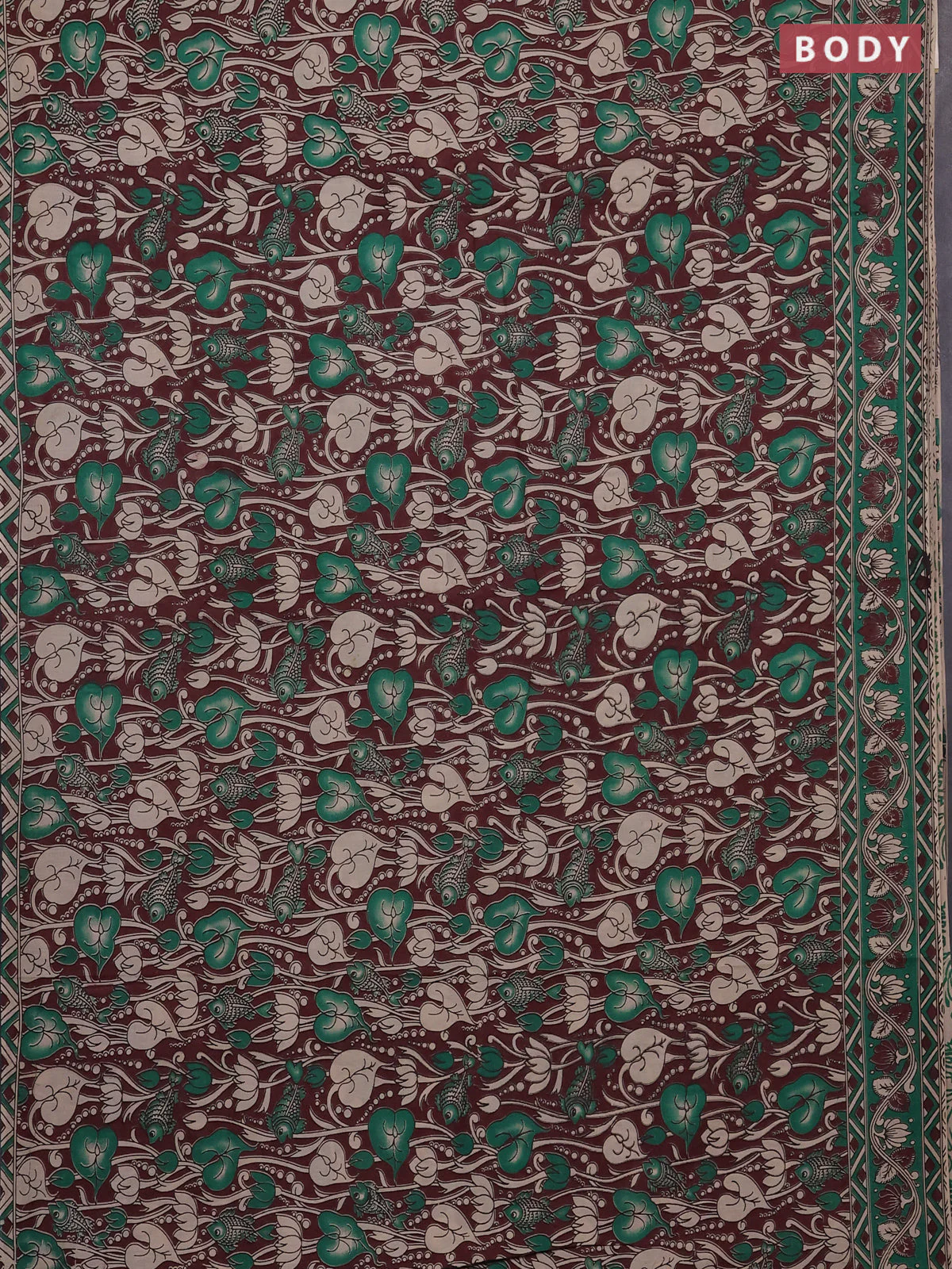 Kalamkari cotton saree deep maroon and green with allover prints and printed border - Image 2