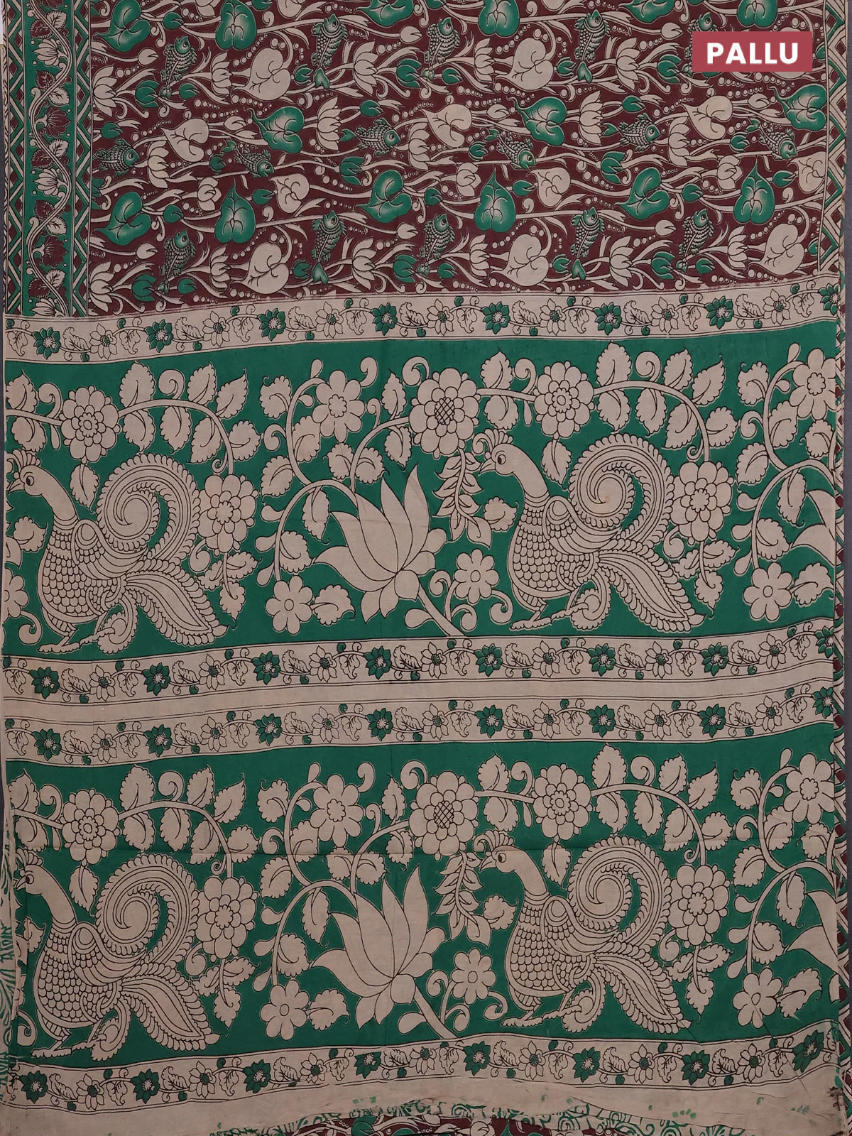 Kalamkari cotton saree deep maroon and green with allover prints and printed border - Image 3