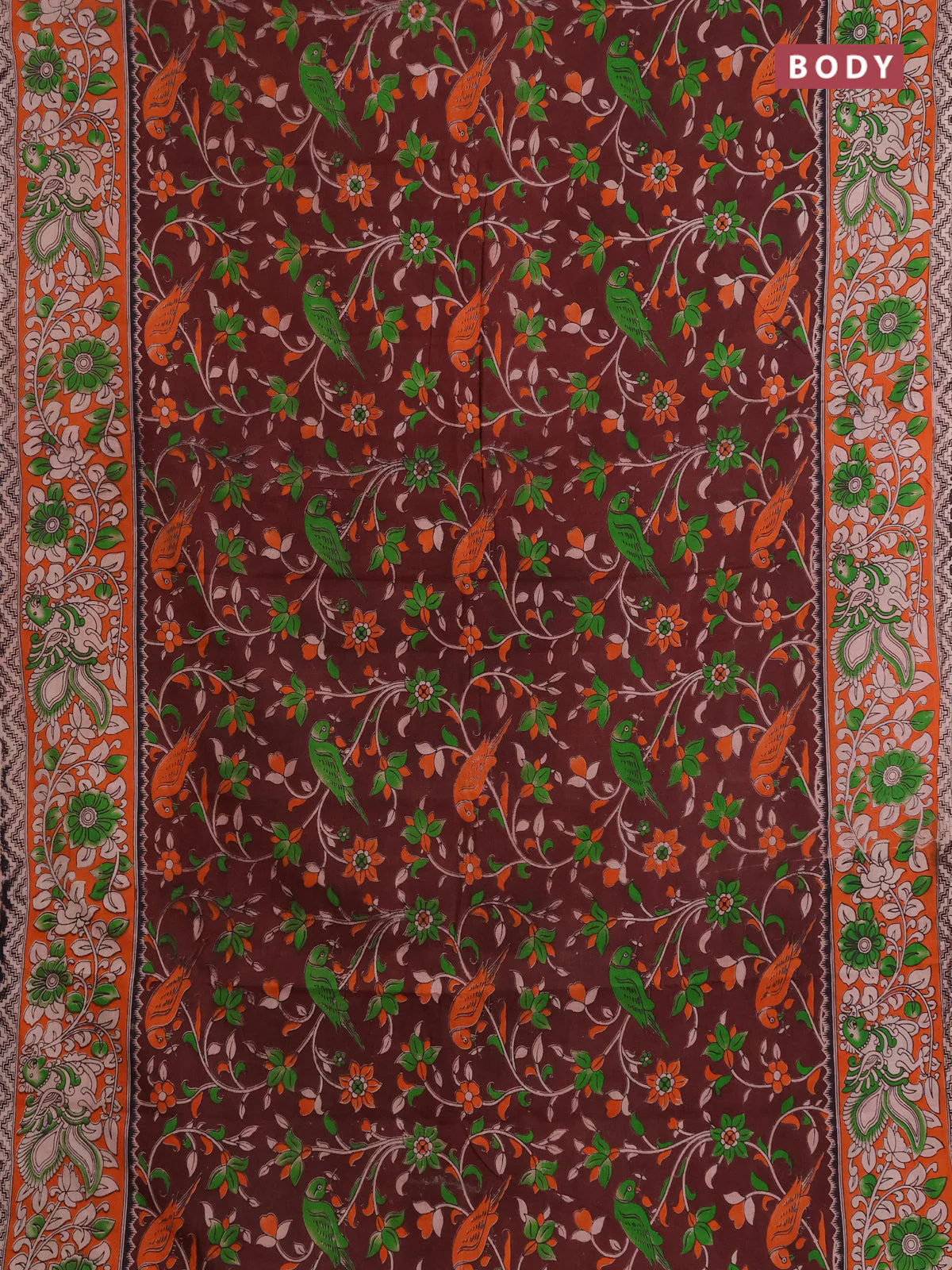 Kalamkari cotton saree deep maroon and orange with allover prints and printed border - Image 2