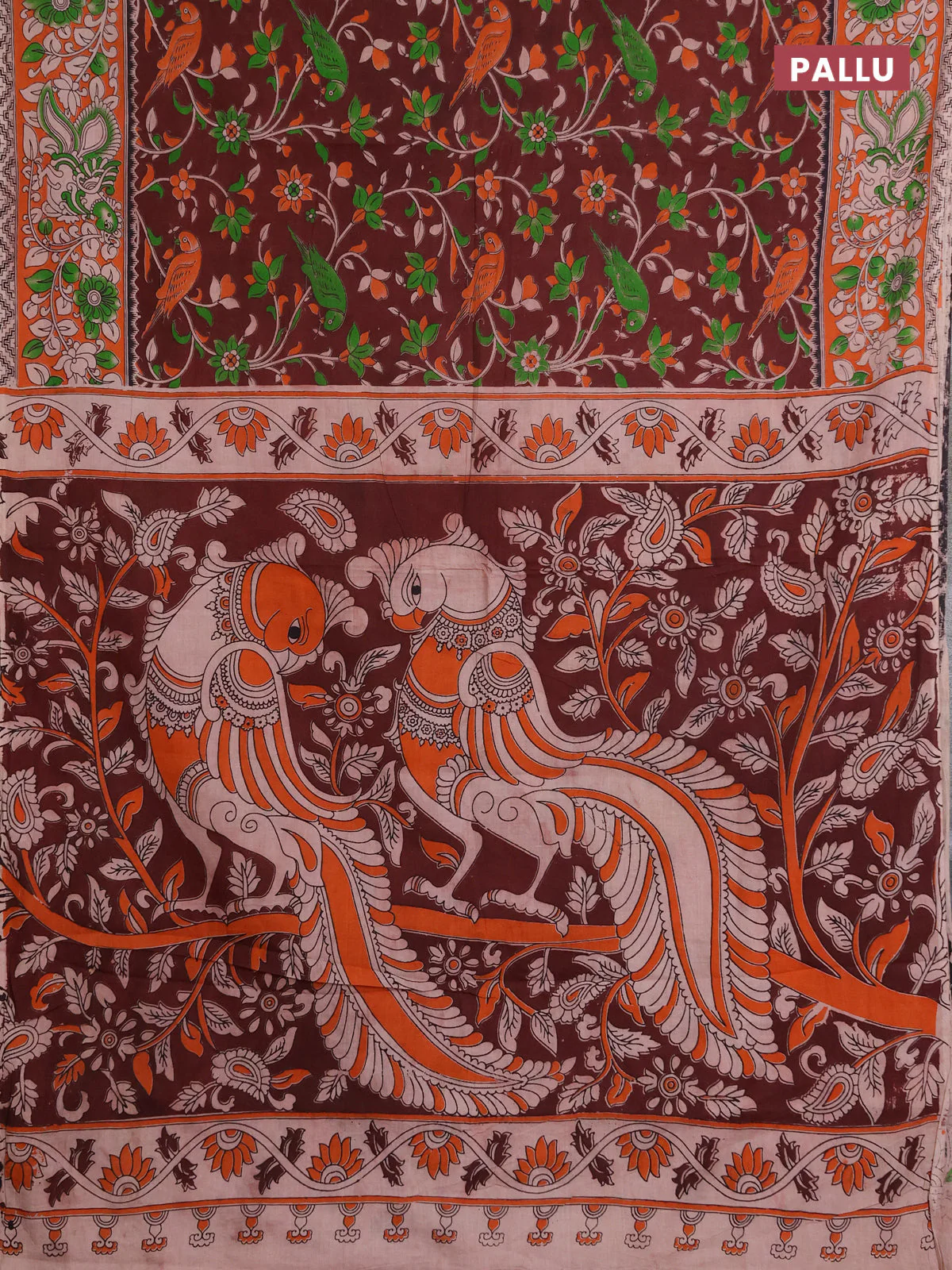 Kalamkari cotton saree deep maroon and orange with allover prints and printed border - Image 3