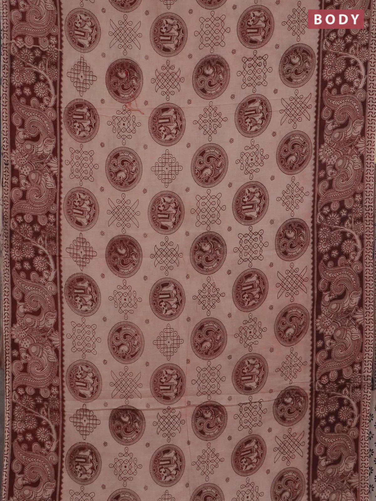 Kalamkari cotton saree deep maroon with allover butta prints and printed border - Image 2