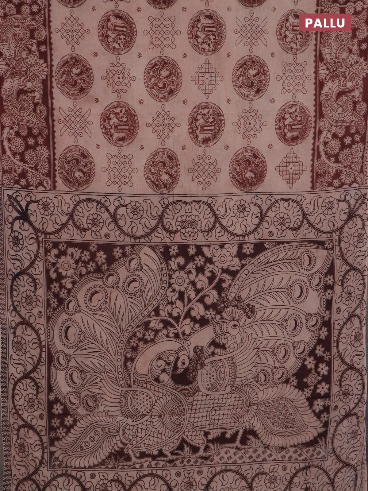 Kalamkari cotton saree deep maroon with allover butta prints and printed border - Image 3