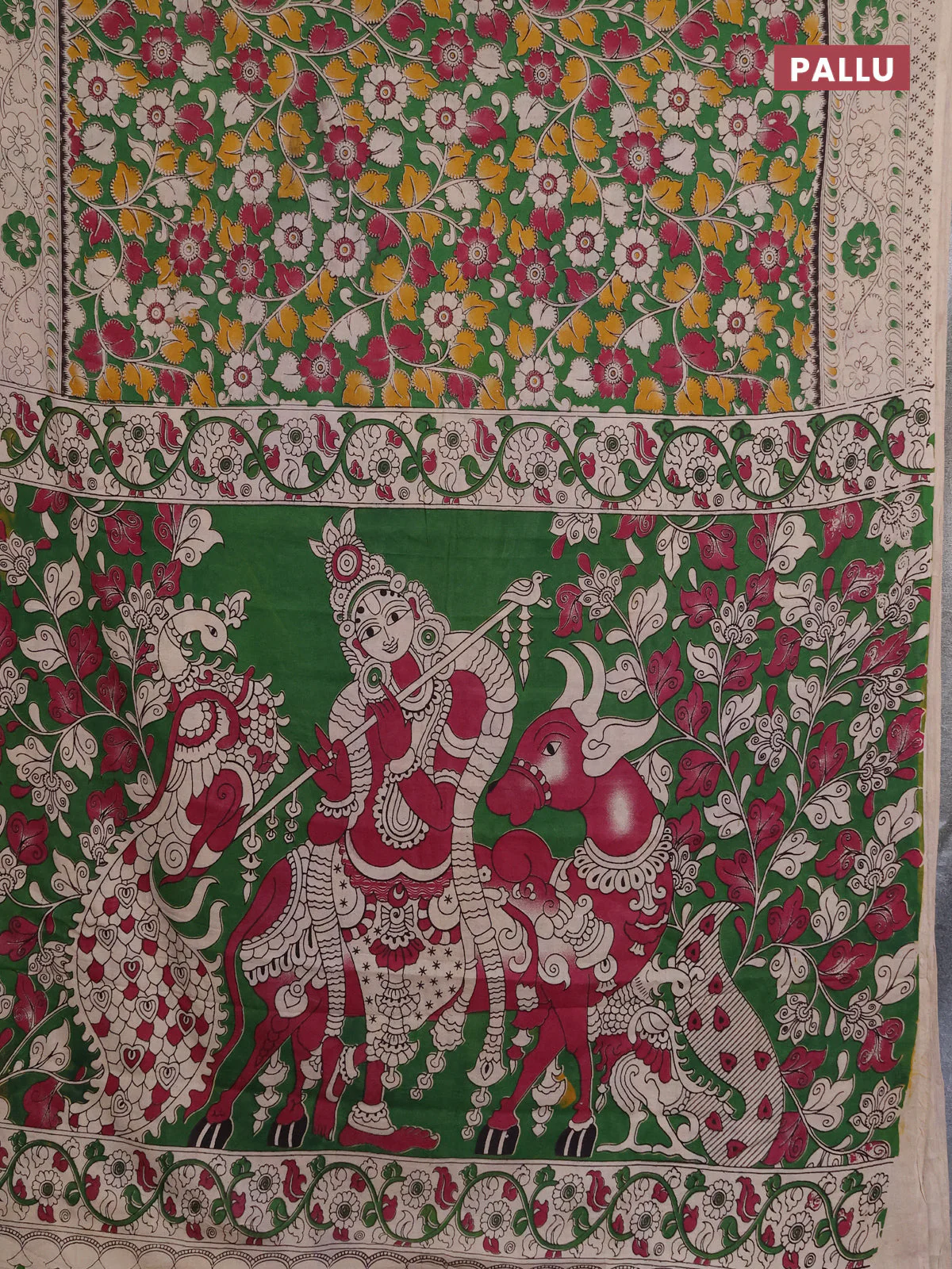 Kalamkari cotton saree green and beige with allover prints and printed border - Image 3