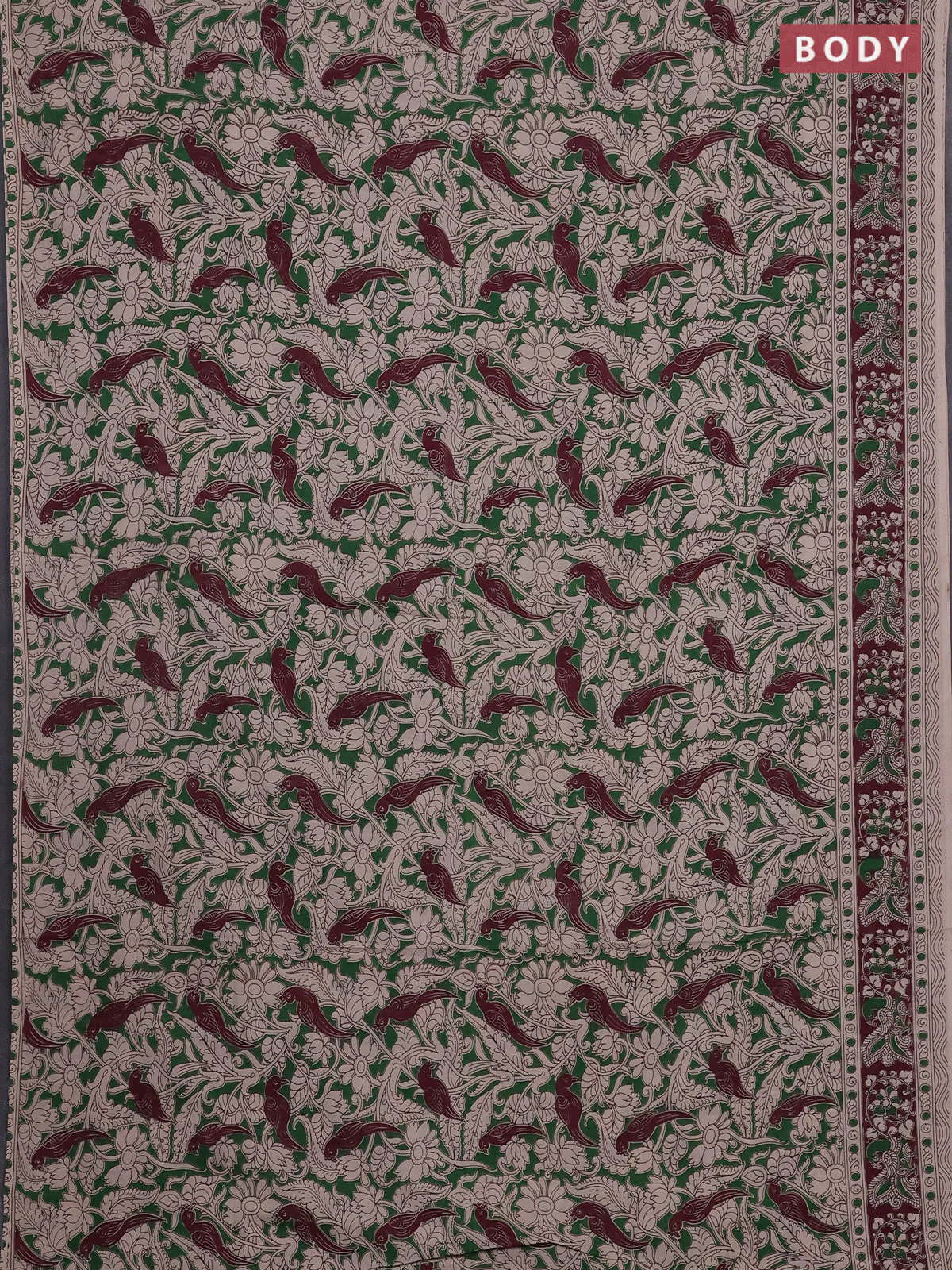Kalamkari cotton saree green and deep maroon with allover prints and printed border - Image 2