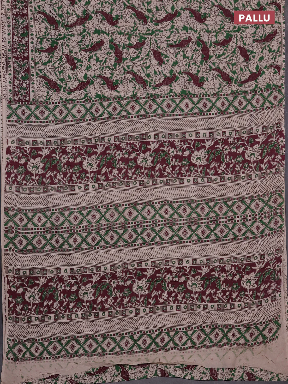 Kalamkari cotton saree green and deep maroon with allover prints and printed border - Image 3