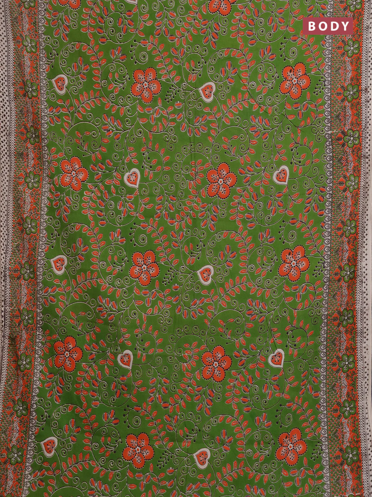 Kalamkari cotton saree green and orange with allover prints and printed border - Image 2