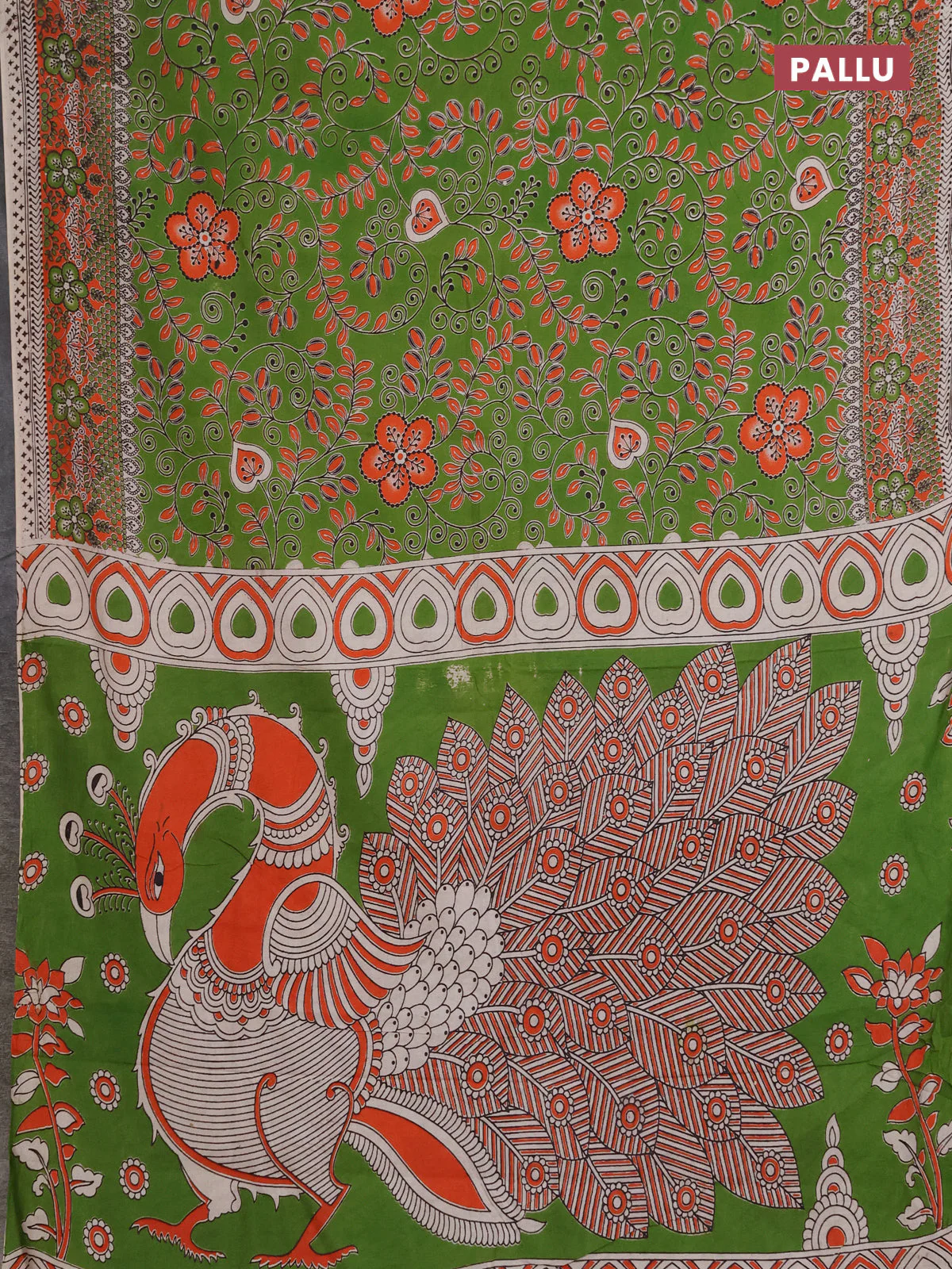 Kalamkari cotton saree green and orange with allover prints and printed border - Image 3