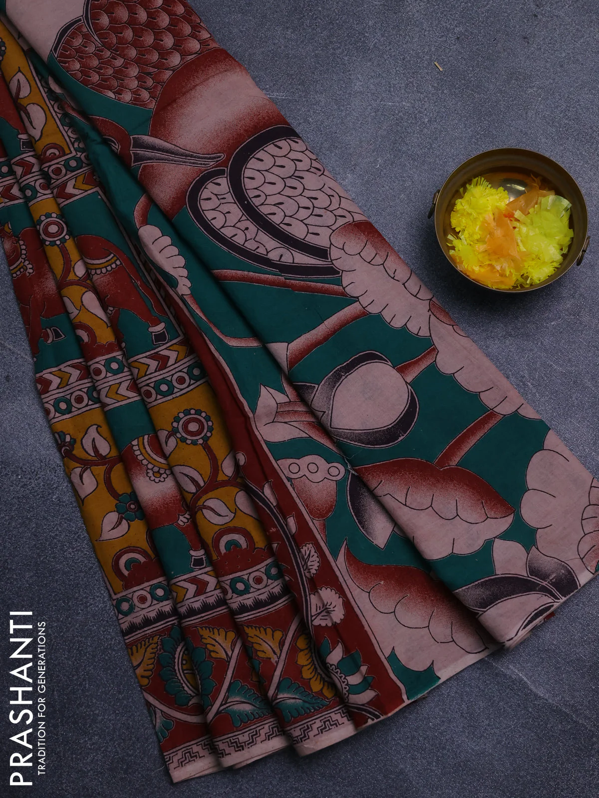 Kalamkari cotton saree green and rust shade with allover pichwai prints and printed border