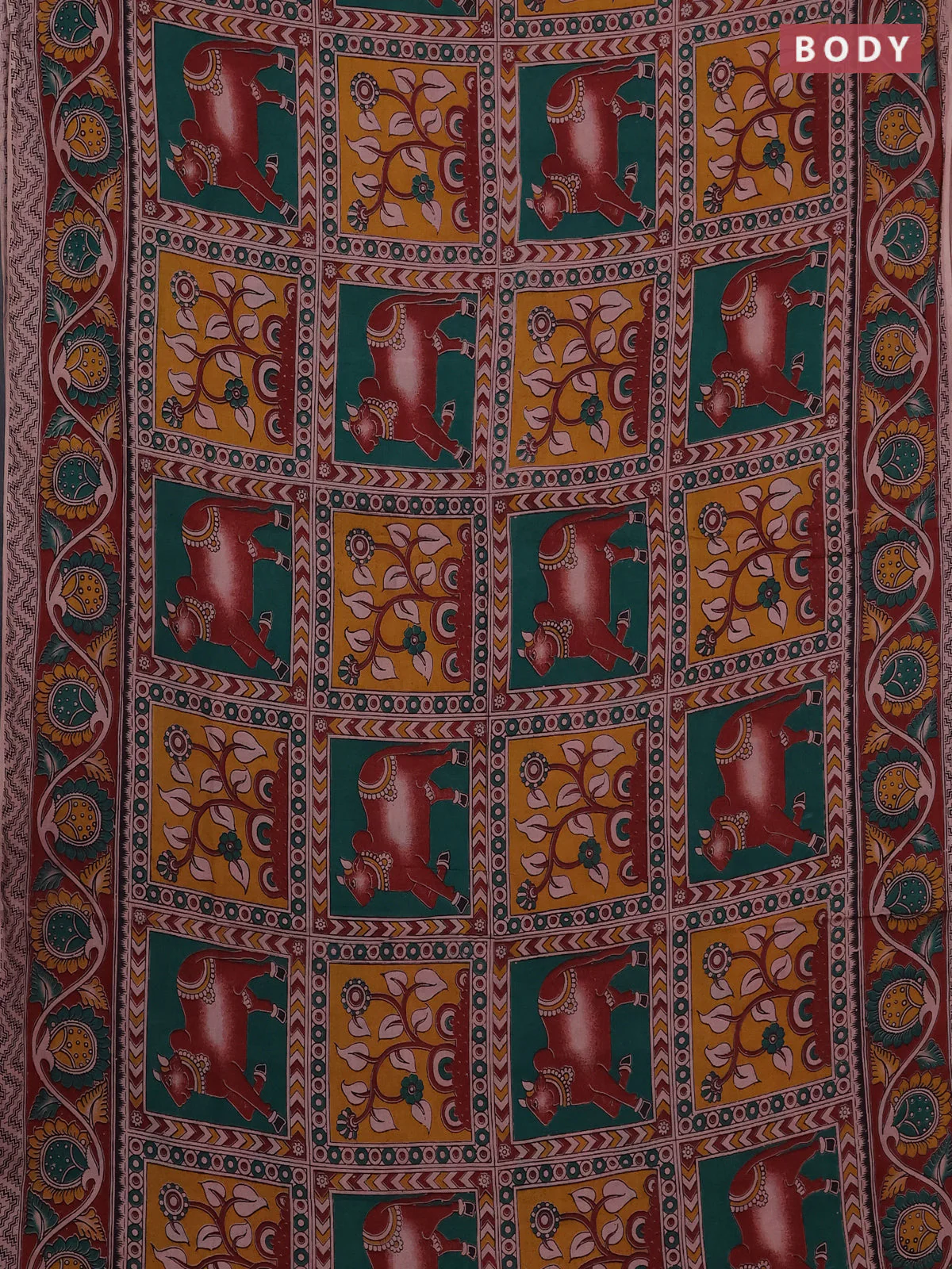 Kalamkari cotton saree green and rust shade with allover pichwai prints and printed border - Image 2