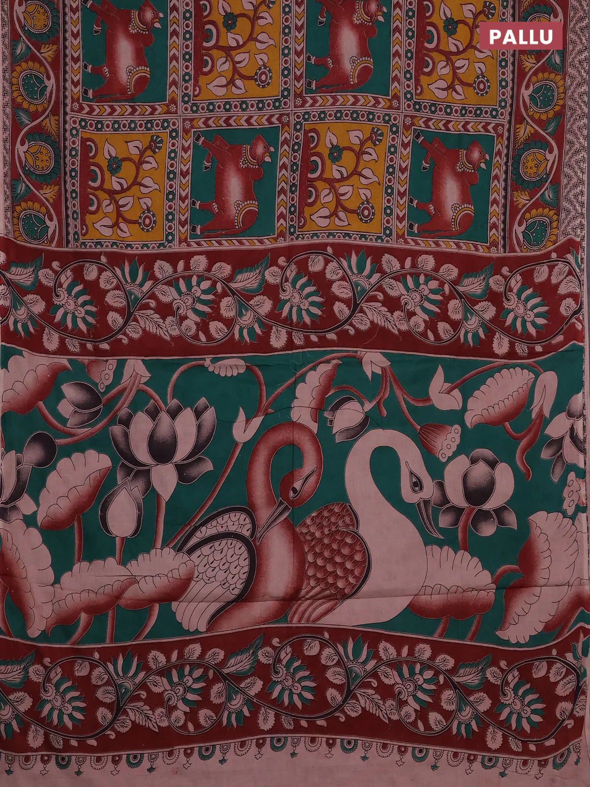 Kalamkari cotton saree green and rust shade with allover pichwai prints and printed border - Image 3