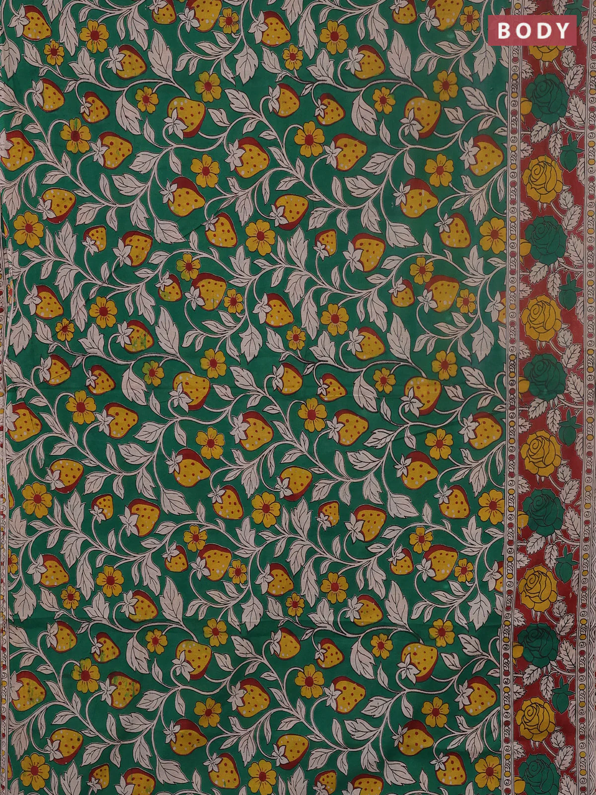 Kalamkari cotton saree green and rust shade with allover prints and printed border - Image 2